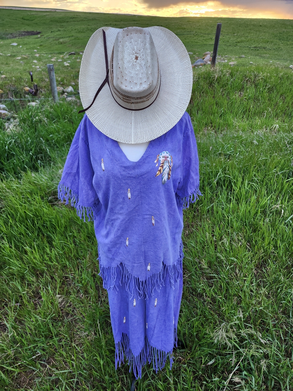 Vintage 90s Purple Fringe Boho Women’s Skirt And Shirt set with Feather Print